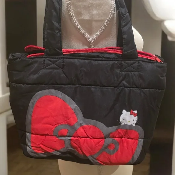 Hello Kitty 45th Anniversary Puffer Black and Red Tote Bag With Zipper - Picture 1 of 8